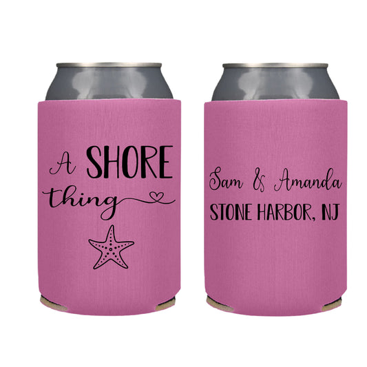 A shore Thing Beach Destination Wedding Favor Screen Printed Can Cooler