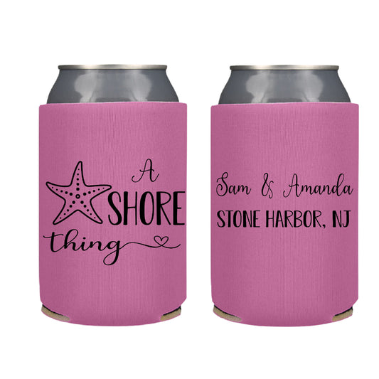 A shore Thing Beach Destination Wedding Favor Screen Printed Can Cooler