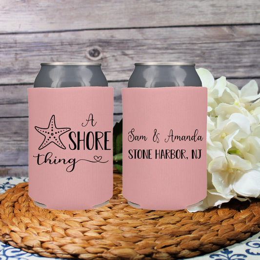 A shore Thing Beach Destination Wedding Favor Screen Printed Can Cooler