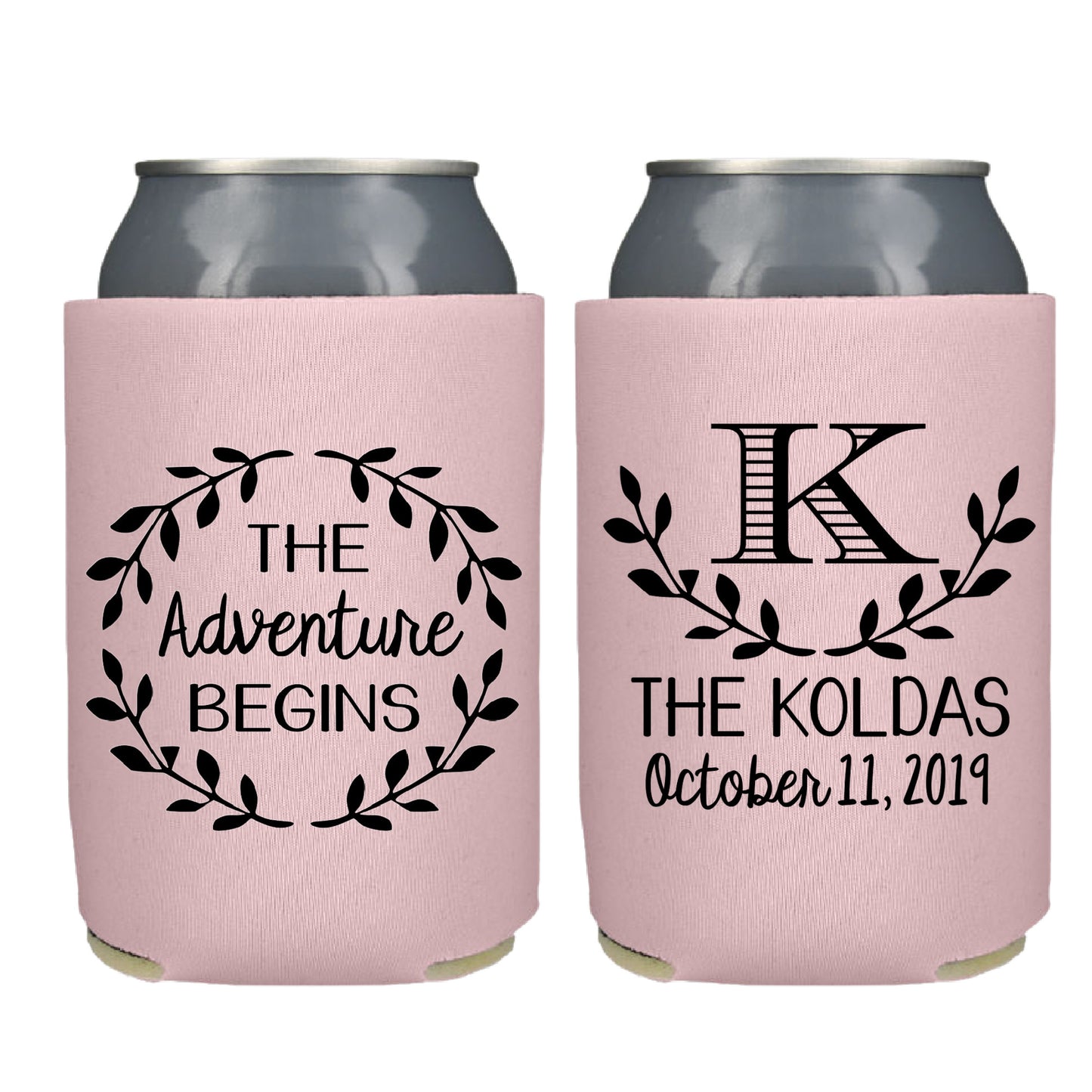 the Adventure Begins Mountain Screen Printed Can Cooler Wedding Reception Favor