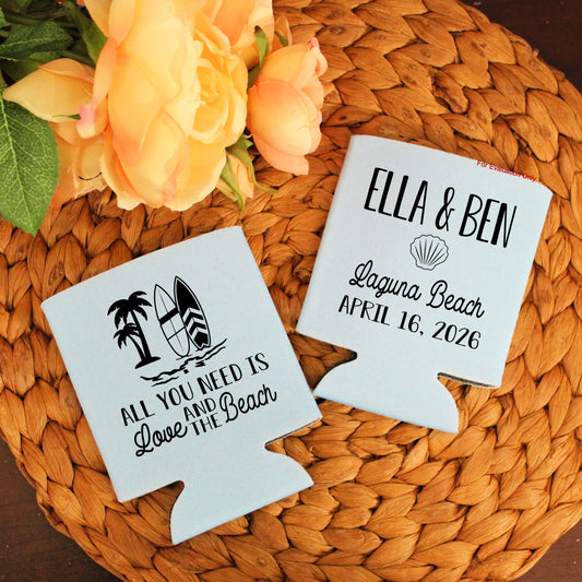 All You Need Is Love and the Beach  Destination Wedding Favor Screen Printed Can Cooler