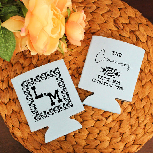 Aztec Monogram Wedding Favor Screen Printed Can Cooler