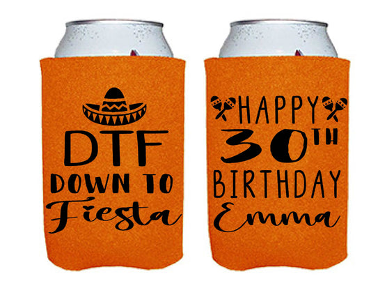 DTF Down To Fiesta Birthday Party Favor Screen Printed Can Cooler