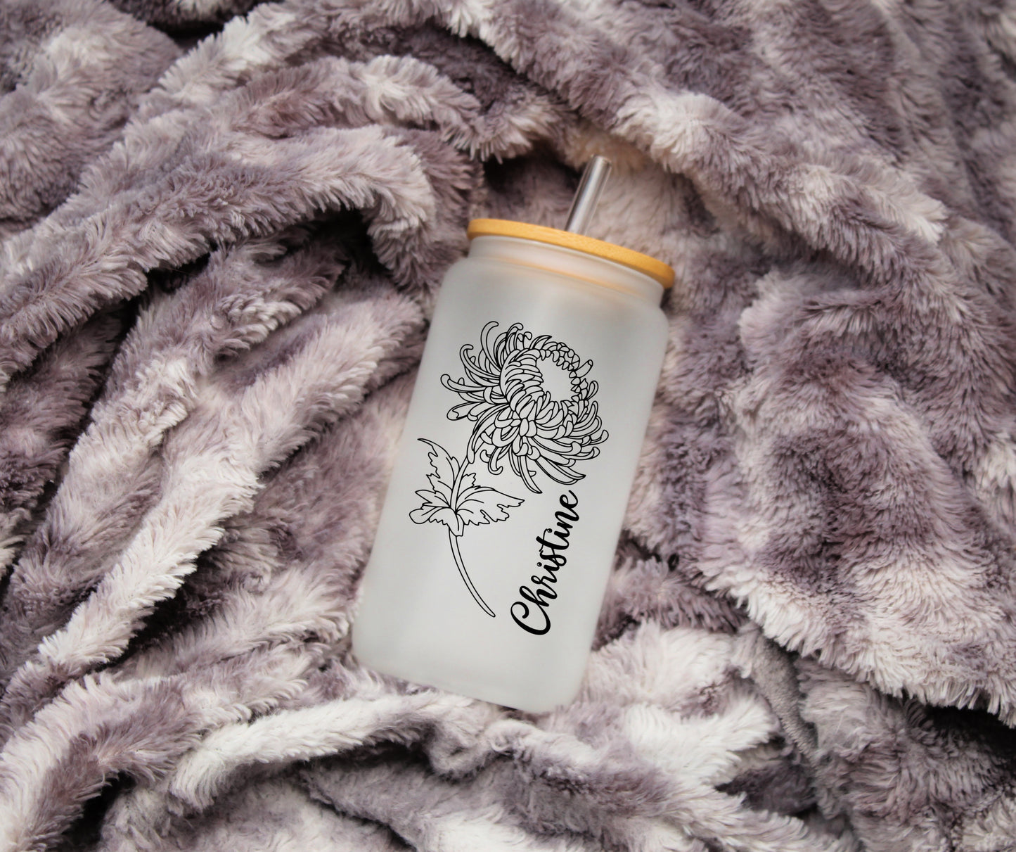 16 oz. Frosted Iced Coffee Cup , Personalized Birth Flower Coffee Cup With Name