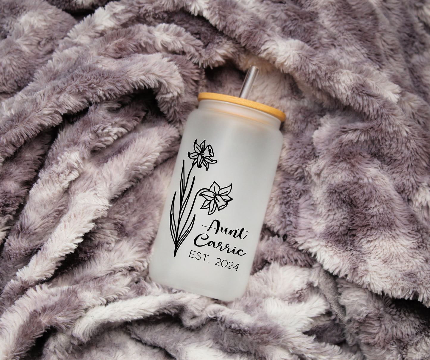 16 oz. Frosted Iced Coffee Cup , Personalized Birth Flower Coffee Cup With Name, Aunt Gift