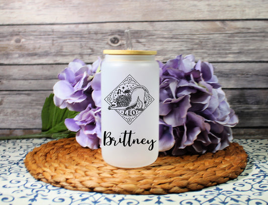 16 oz. Frosted Iced Coffee Cup , Personalized Birthday Zodiac  Coffee Cup With Name