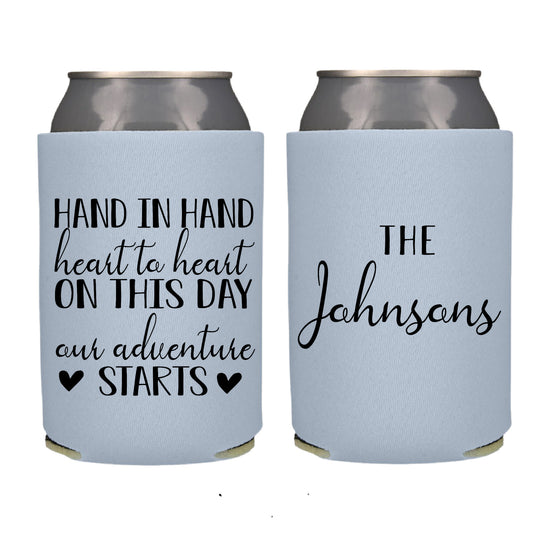 Hand in Hand Heart to Heart Wedding Favor Screen Printed Can Cooler Wedding Reception Favor