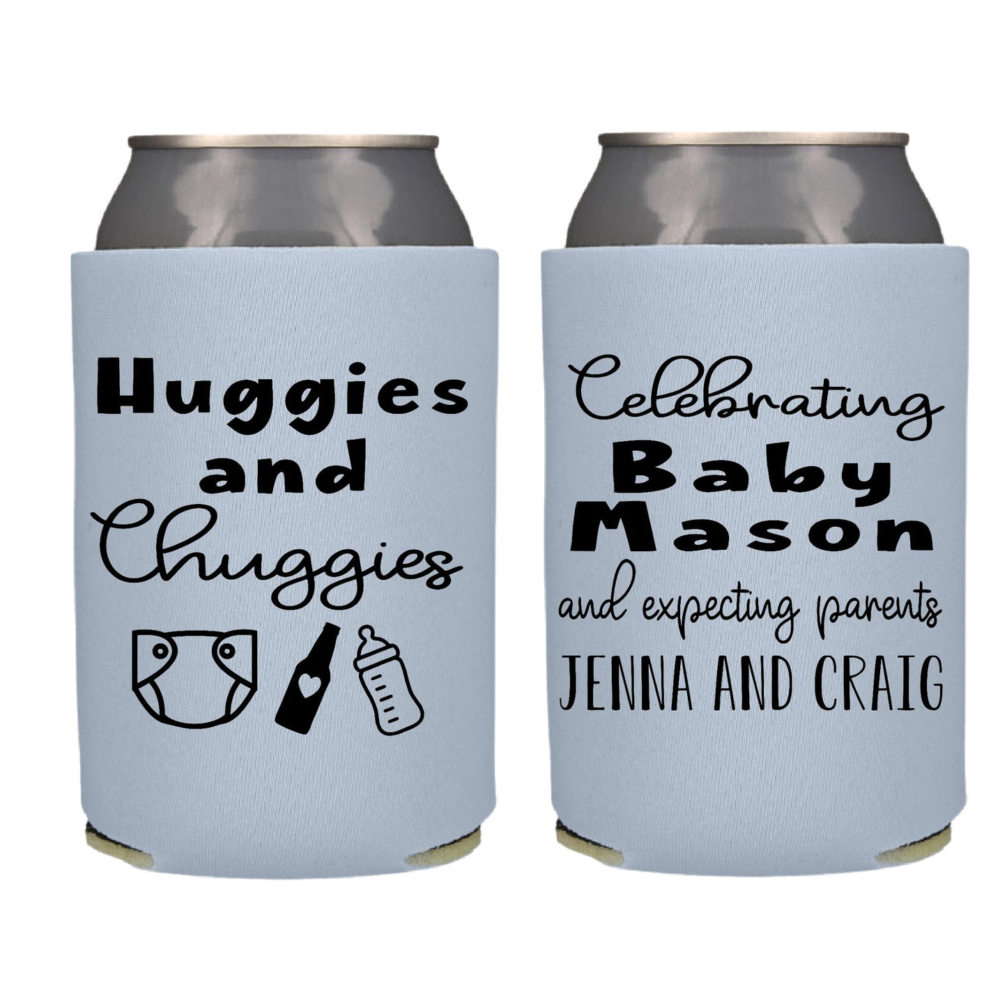 Huggies and Chugiesr Baby Shower Gender Reveal Screen Printed Can Cooler