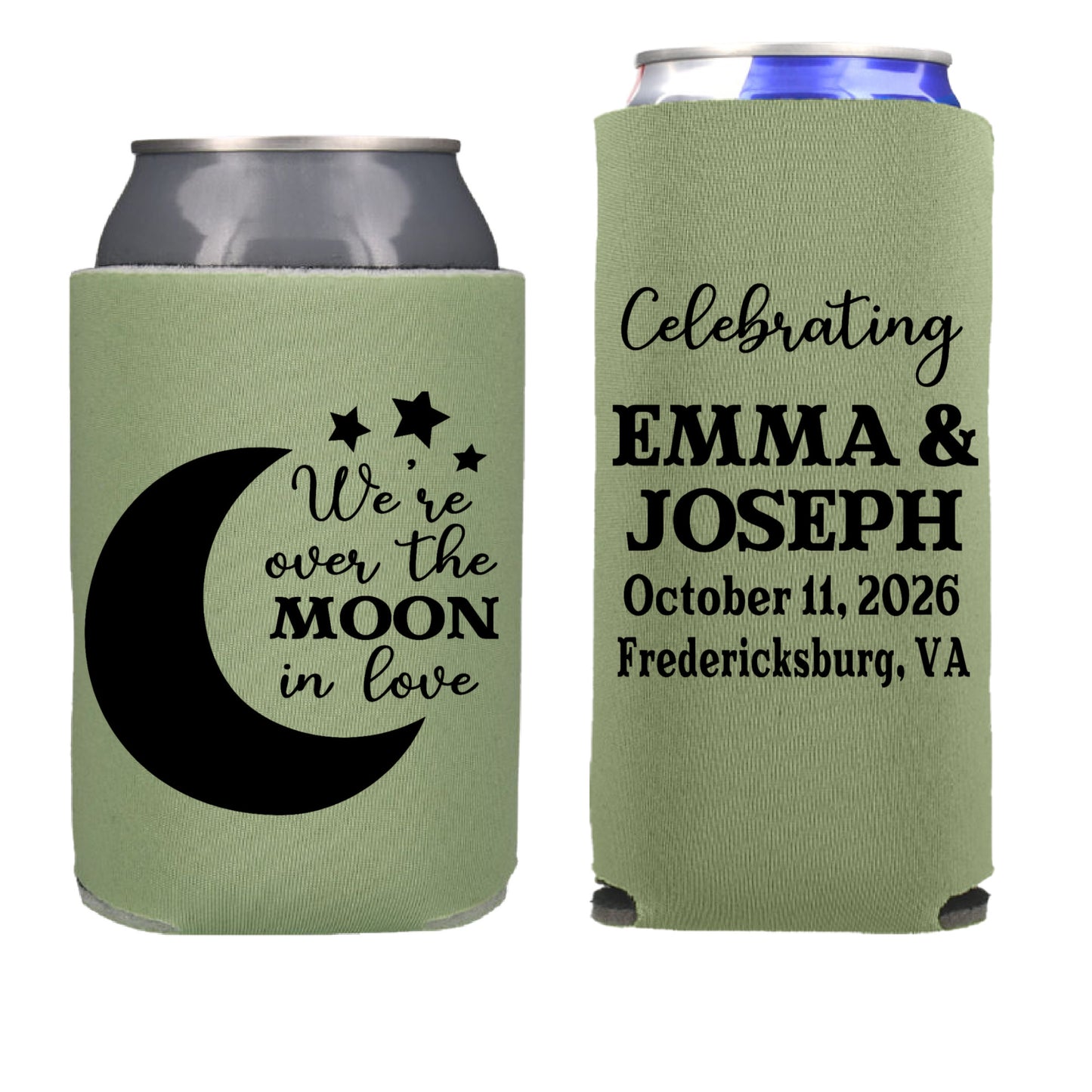 We're Over the Moon Space Wedding Reception Favors Regular and Slim Can Cooler Combo Package, Business Logo