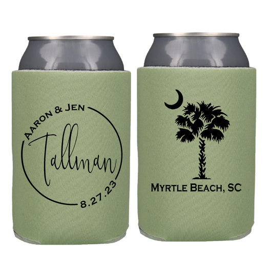 Palmetto Palm Tree Wedding Favor Screen Printed Can Cooler