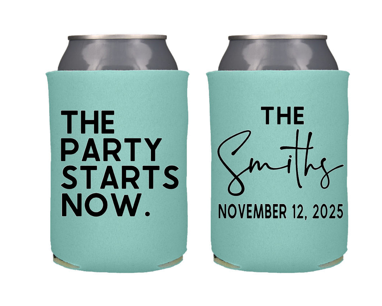 Party Starts Now Wedding Favor Screen Printed Can Cooler