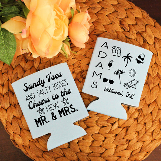 Sandy Toes and Salty Kisses Wedding Reception Favors Regular Screen Printed Can Coolers
