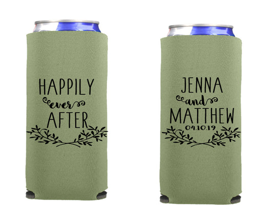 Wedding Can Cooler, Happily Ever After Wedding Reception Favor Screen Printed Skinny Can Cooler. Slim 12 oz. Party Favor