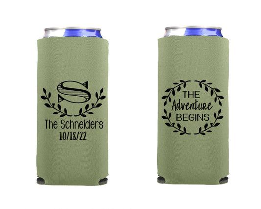 The Adventure Begins Wedding Can Cooler, Wedding Reception Favor Screen Printed Skinny Can Cooler. Slim 12 oz. Party Favor