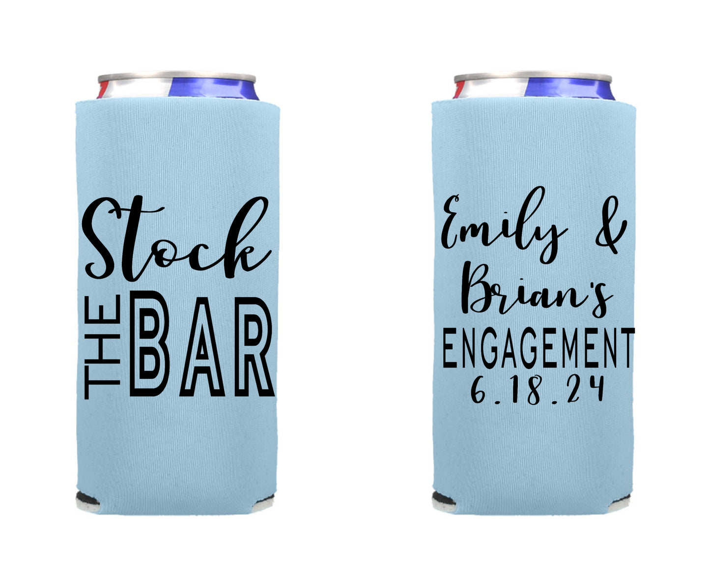 Stock the Bar Engagement Party Can Cooler, Engagement Party Favor Screen Printed Skinny Can Cooler. Slim 12 oz. Party Favor