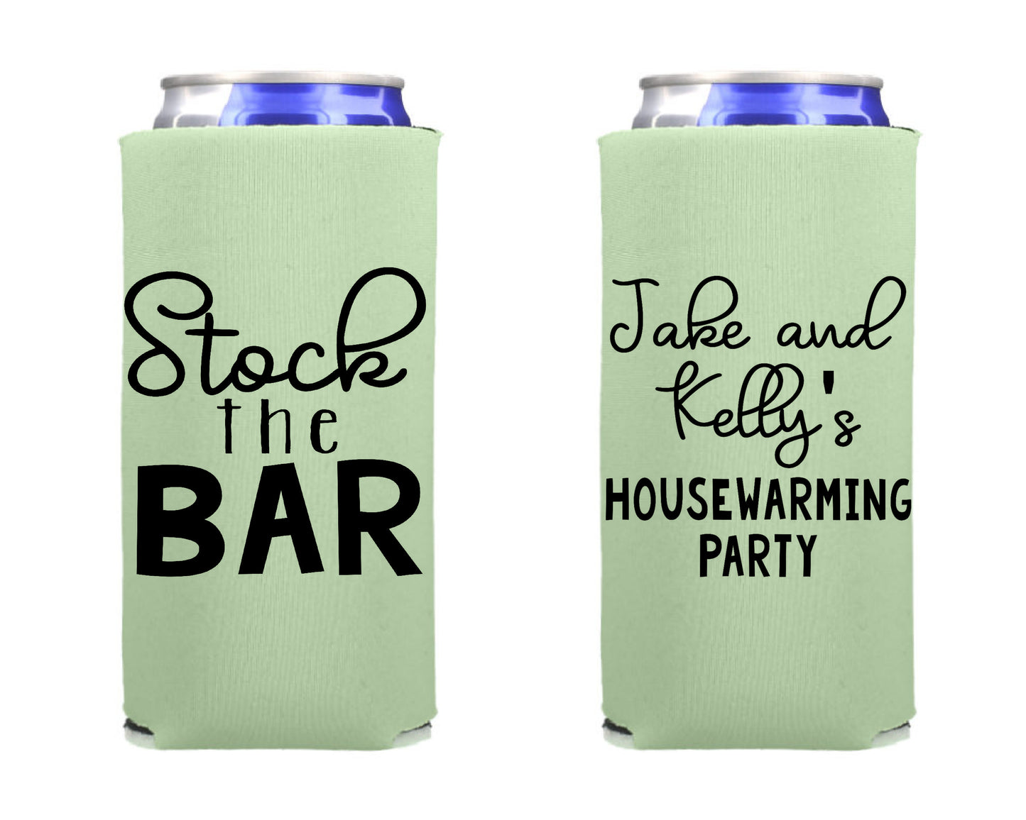 Stock the Bar Can Cooler, Housewarming Party Favor Screen Printed Skinny Can Cooler. Slim 12 oz. Party Favor