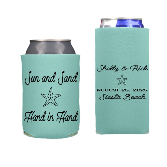 Sun and Sand Hand in Hand Beach Wedding Reception Favors Regular and Slim Can Cooler Combo Package