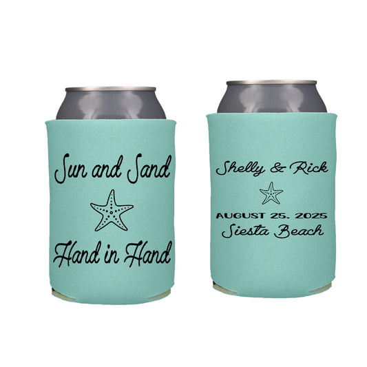 Sun and Sand Hand in Hand Beach Wedding Reception Favors Regular Screen Printed Can Coolers