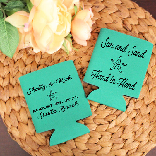 Sun and Sand Hand in Hand Beach Wedding Reception Favors Regular Screen Printed Can Coolers