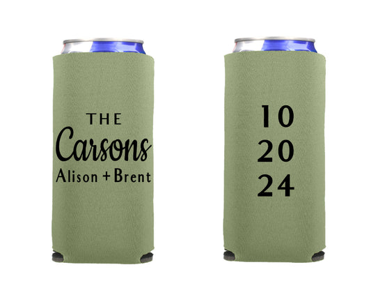 Mnimalist Wedding Can Cooler, Wedding Reception Favor Screen Printed Skinny Can Cooler. Slim 12 oz. Party Favor