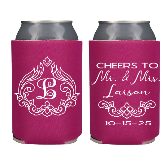 Vintage Wedding Favor Monogram Screen Printed Can Cooler