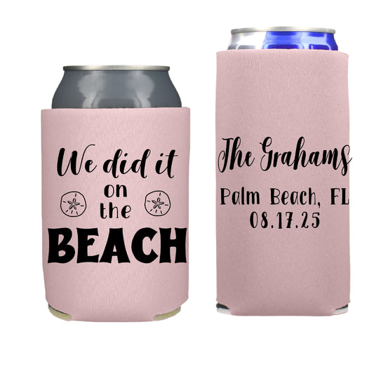 We Did it on the Beach Wedding Reception Favors Regular and Slim Can Cooler Combo Package, Business Logo