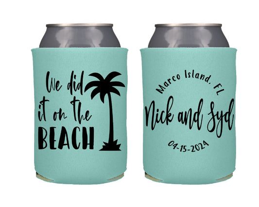 We Did It on the Beach Destination Wedding Favor Screen Printed Can Cooler