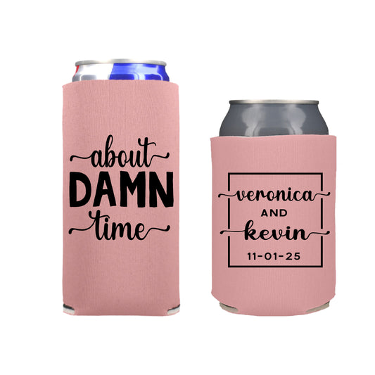 About Damn Time Wedding Reception Favors Regular and Slim Can Cooler Combo Package