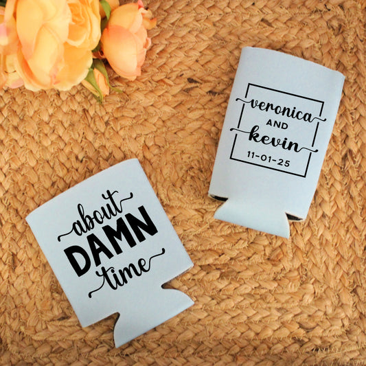 About Damn Time Wedding Reception Favors Regular and Slim Can Cooler Combo Package, Business Logo