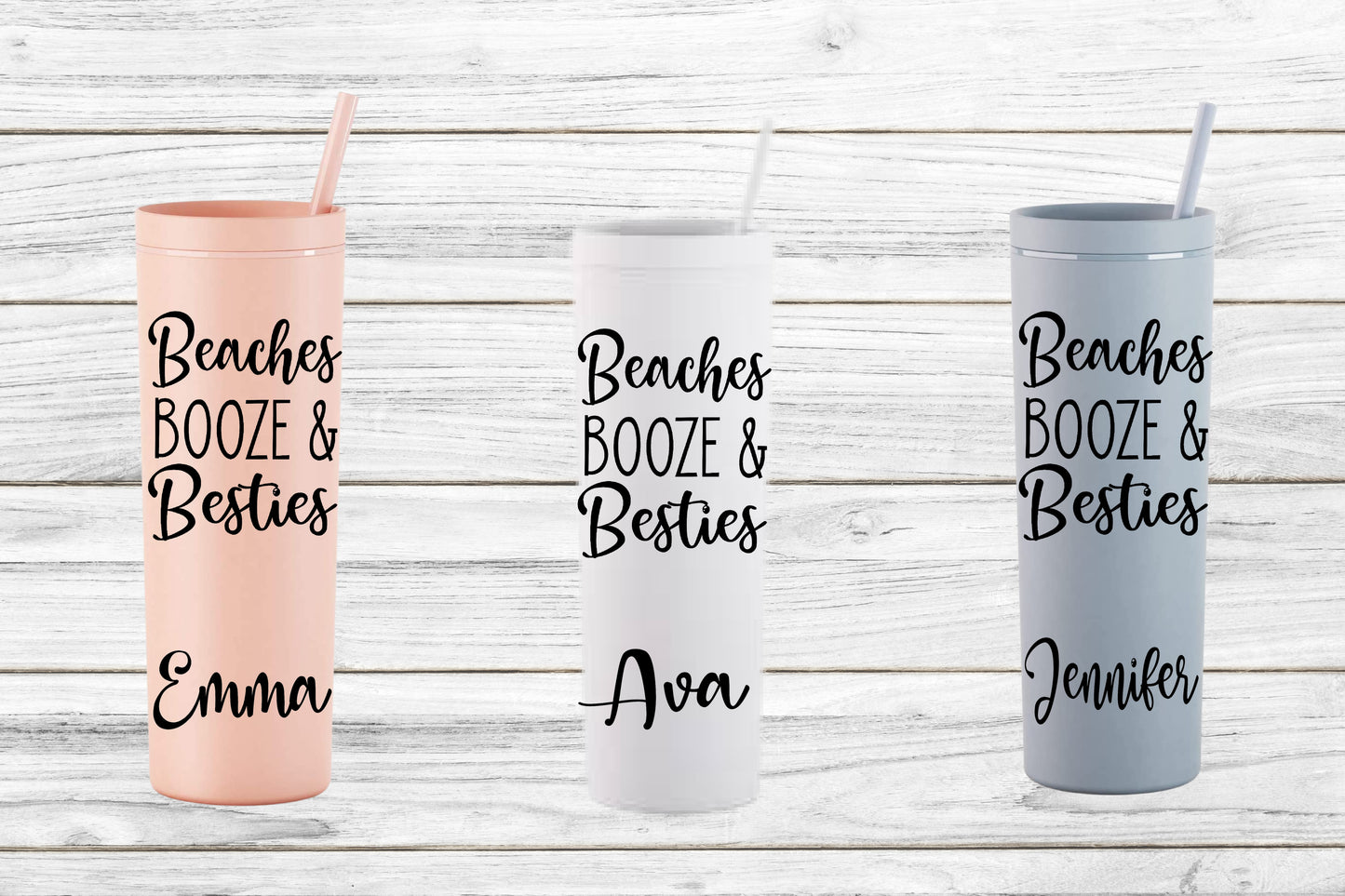 Beaches Booze & Besties Vacation Tumblers, Girls Trip Cups, Beach Vacation 18 oz Acrylic Skinny Cup with Straw, Bachelorette Cups,