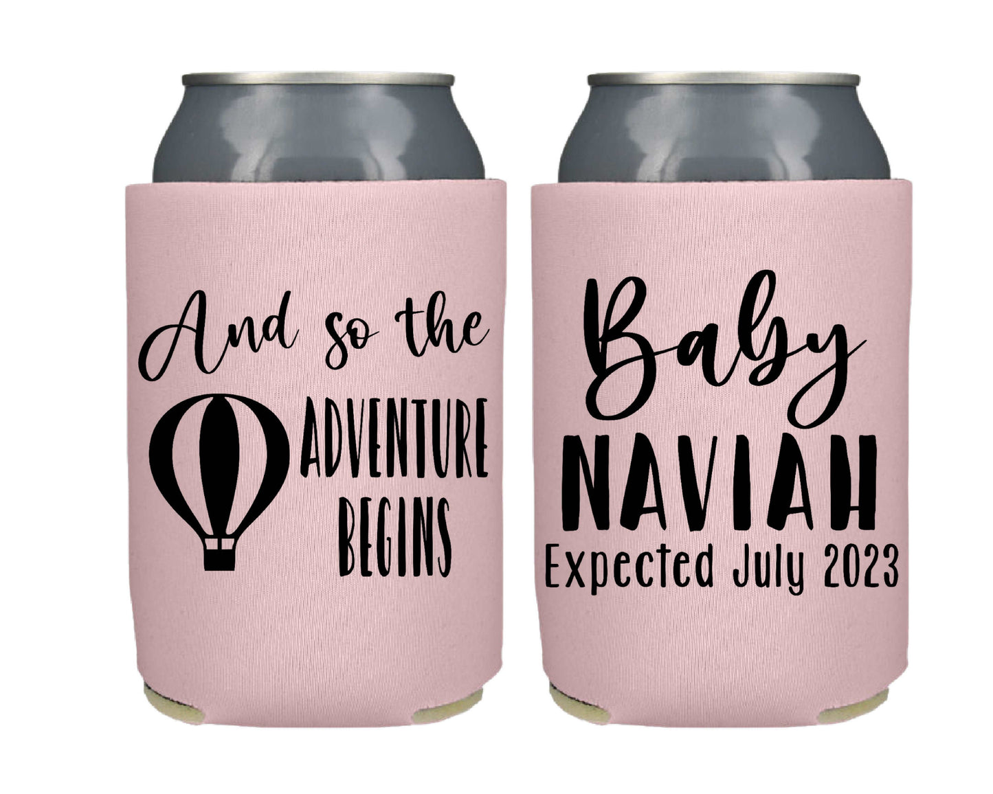 And so the Adventure Begins Baby Shower Screen Printed Can Cooler