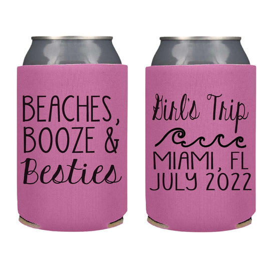 Beaches Booze And Besties Screen Printed Can Coolers