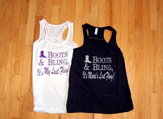 Boots and Bling Last Fling Bachelorette party Flowy Racerback Tank - Be Vocal Designs