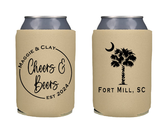 Cheers and Beers Palmetto Palm Tree Wedding Favor Screen Printed Can Cooler
