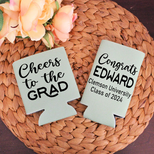Cheers to The Grad Graduation Party Favor Regular and Slim Can Cooler Combo Package, Business Logo