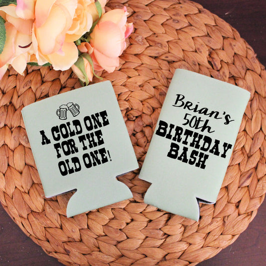 A Cold One For The Old One Birthday Party Favor Regular and Slim Can Cooler Combo Package, Business Logo