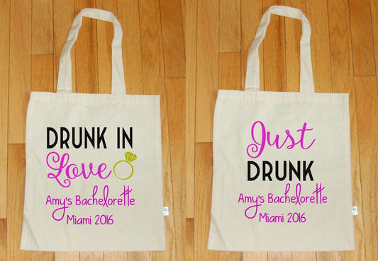 Drunk in Love and Just Drunk Bachelorette Party Tote Bag - Be Vocal Designs