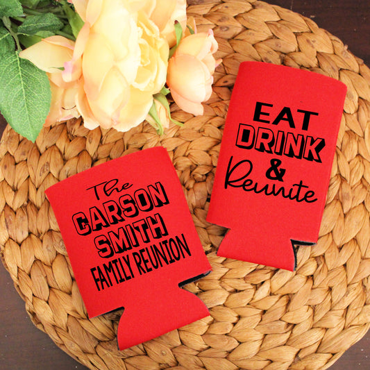 Eat Drink and Reunite Family Reunion Party Favor Regular and Slim Can Cooler Combo Package, Business Logo