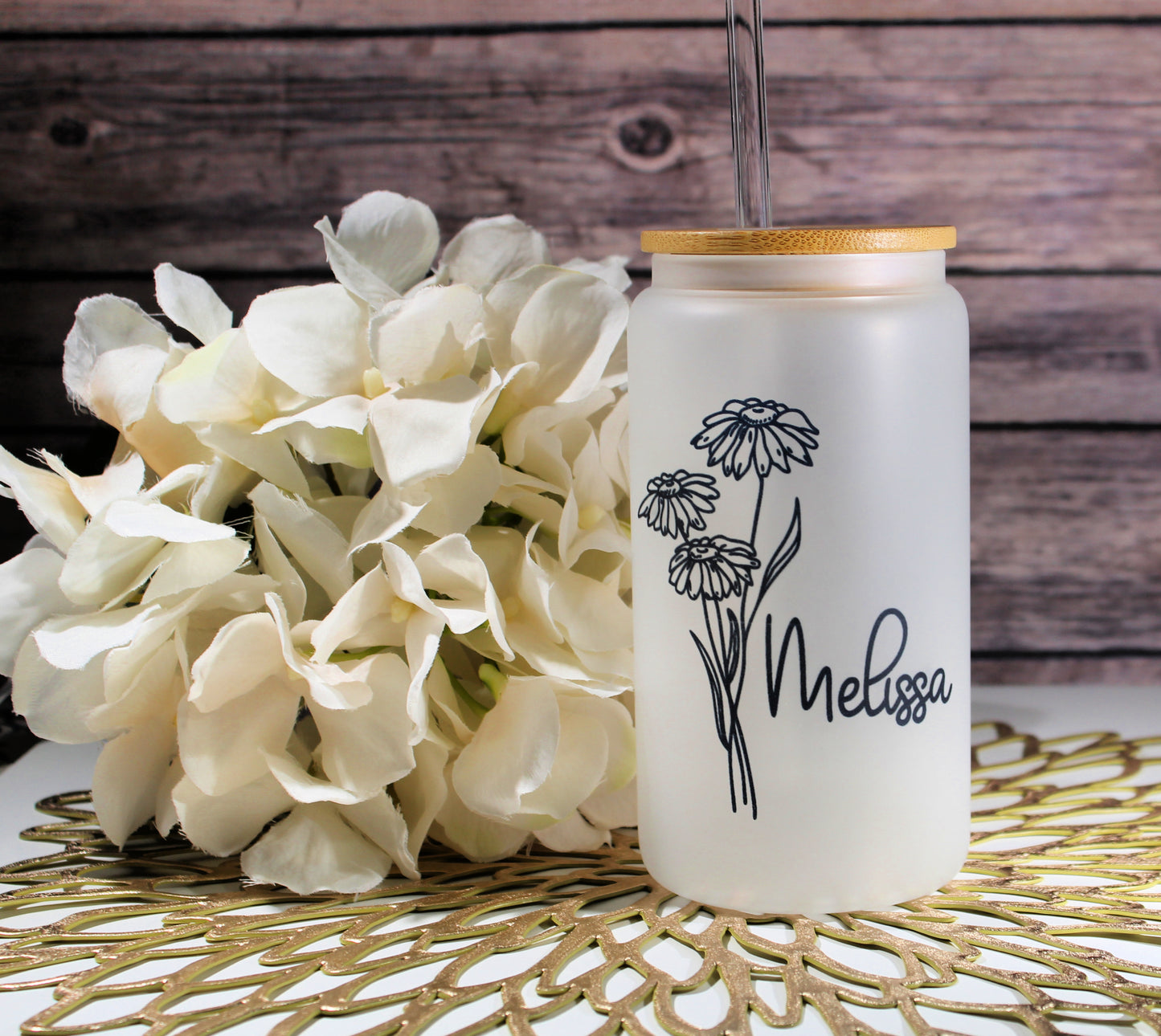 16 oz. Frosted Iced Coffee Cup , Personalized Birth Flower Coffee Cup With Name