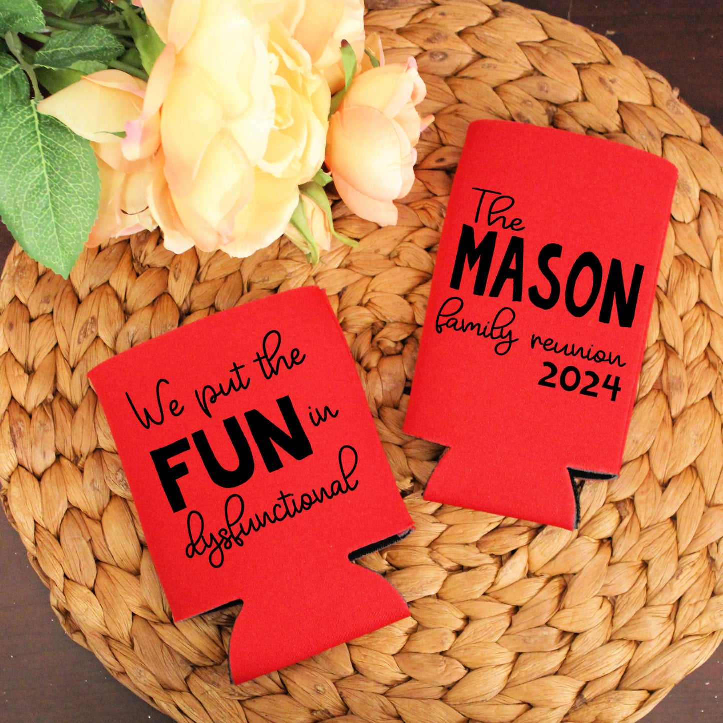 We Put the FUN in Dysfunctional Family Reunion Party Favor Regular and Slim Can Cooler Combo Package, Business Logo