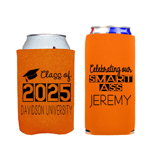 Class of 2025 Smart Ass  Graduation Party Favor Regular and Slim Can Cooler Combo Package, Business Logo