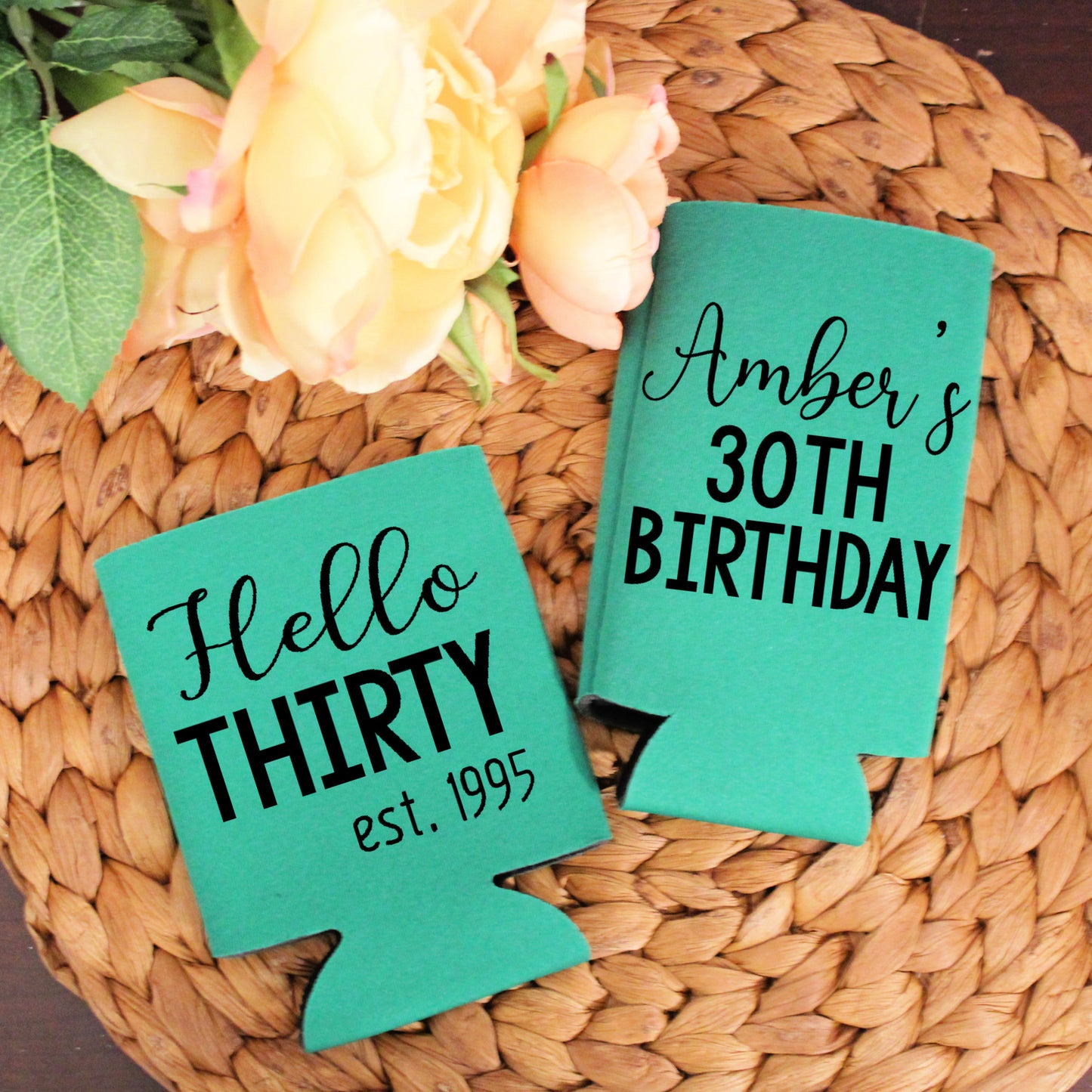 Hello Thirty Birthday Party Favor Regular and Slim Can Cooler Combo Package, Business Logo