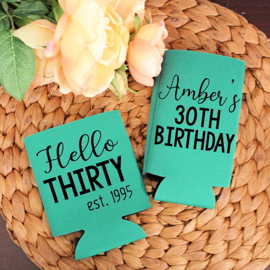 Hello Thirty Birthday Party Favor Regular and Slim Can Cooler Combo Package, Business Logo
