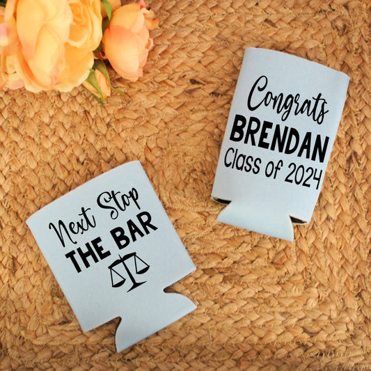 Next Stop The Bar Law School Graduation Party Favor Regular and Slim Can Cooler Combo Package, Business Logo