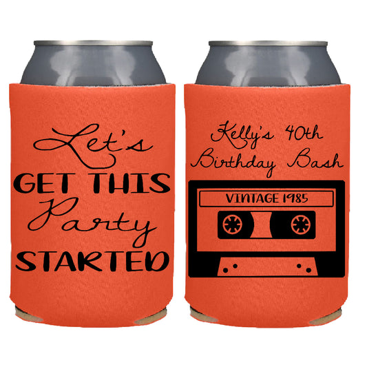 Get The Party Started Tape Retro Birthday Party Favor Screen Printed Can Cooler