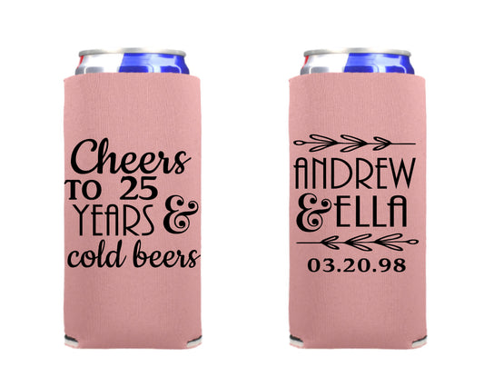 Anniversary Can Cooler, Anniversary Party  Favor Screen Printed Skinny Can Cooler. Slim 12 oz. Party Favor