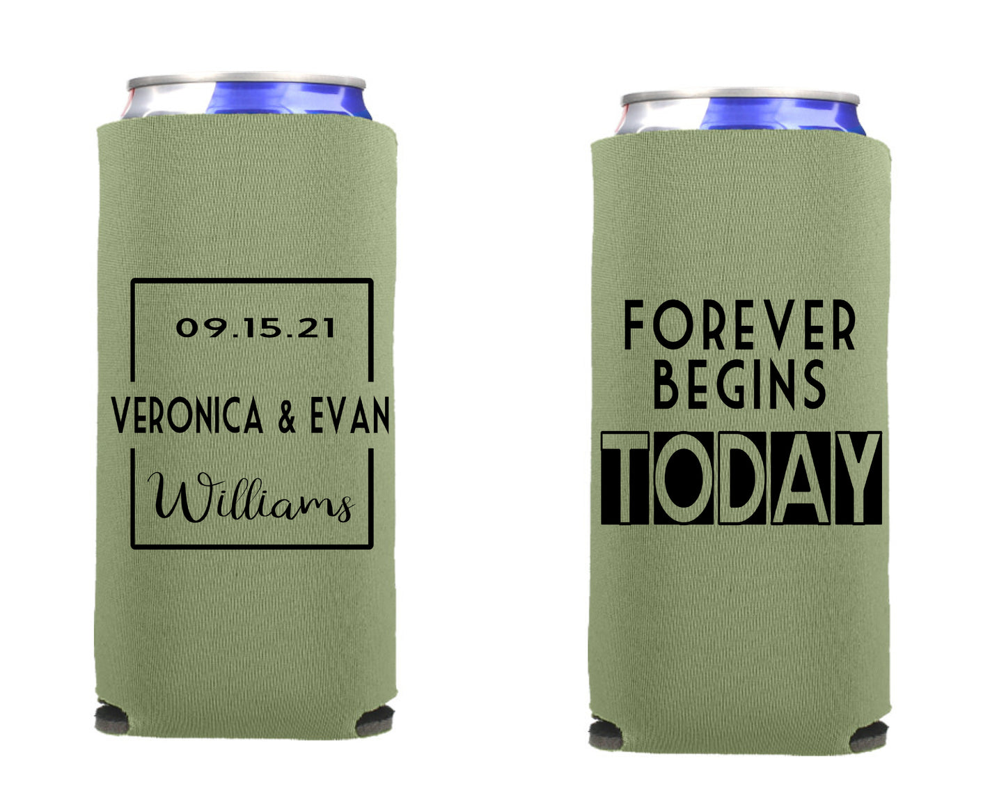 Wedding Can Cooler, Forever Begins Today Wedding Reception Favor Screen Printed Skinny Can Cooler. Slim 12 oz. Party Favor