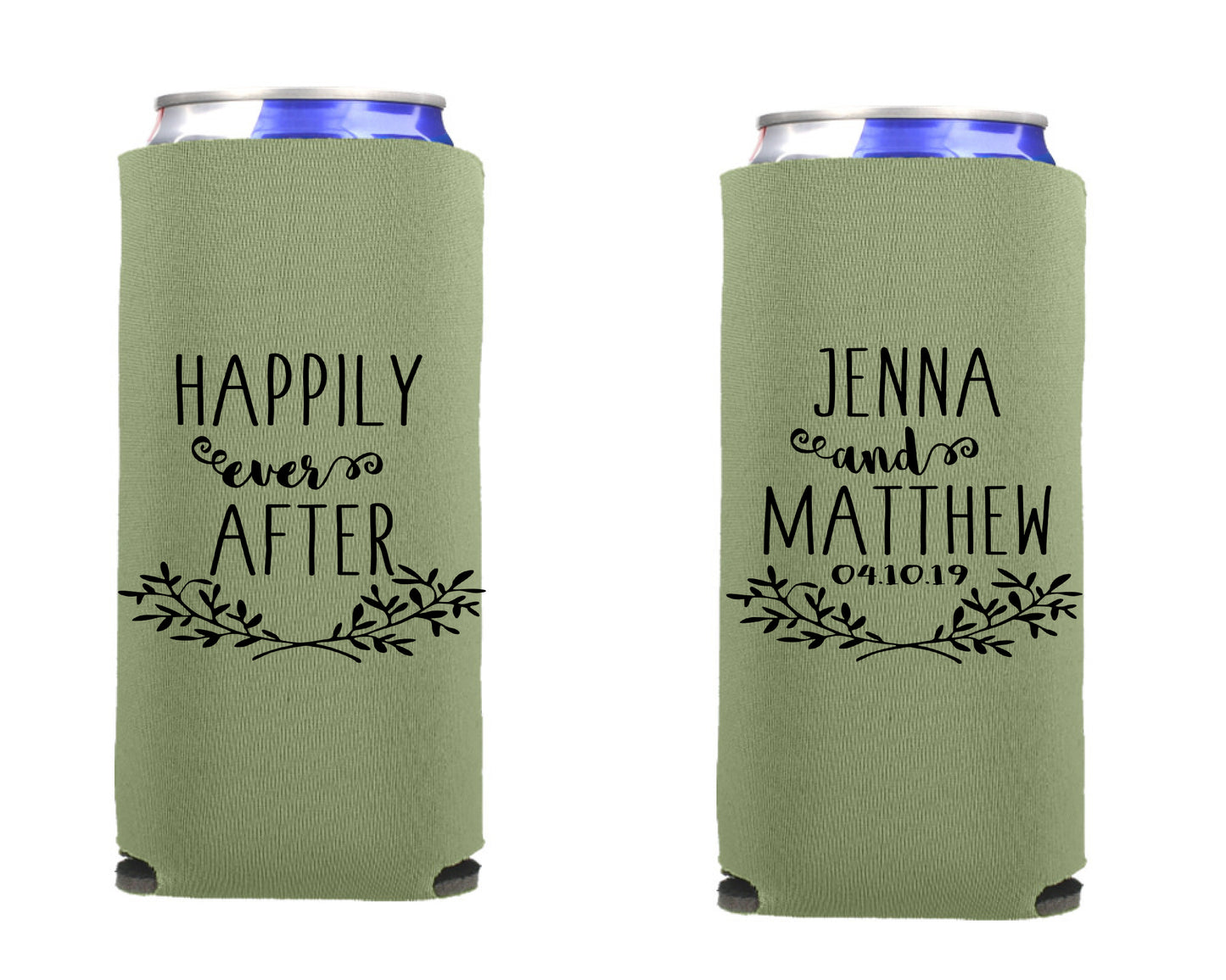 Wedding Can Cooler, Happily Ever After Wedding Reception Favor Screen Printed Skinny Can Cooler. Slim 12 oz. Party Favor