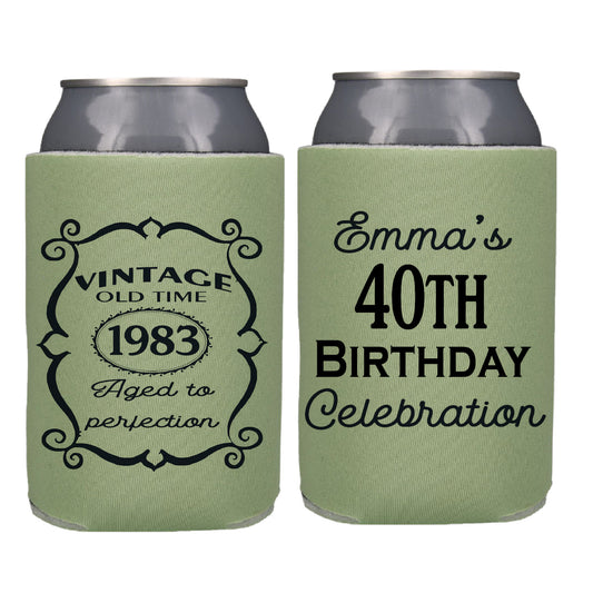 Vintage Birthday Party Favor Screen Printed Can Cooler