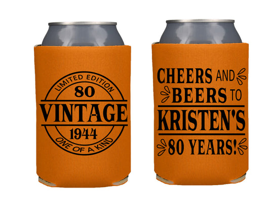 Cheers and Beers Vintage  Birthday Party Favor Screen Printed Can Cooler